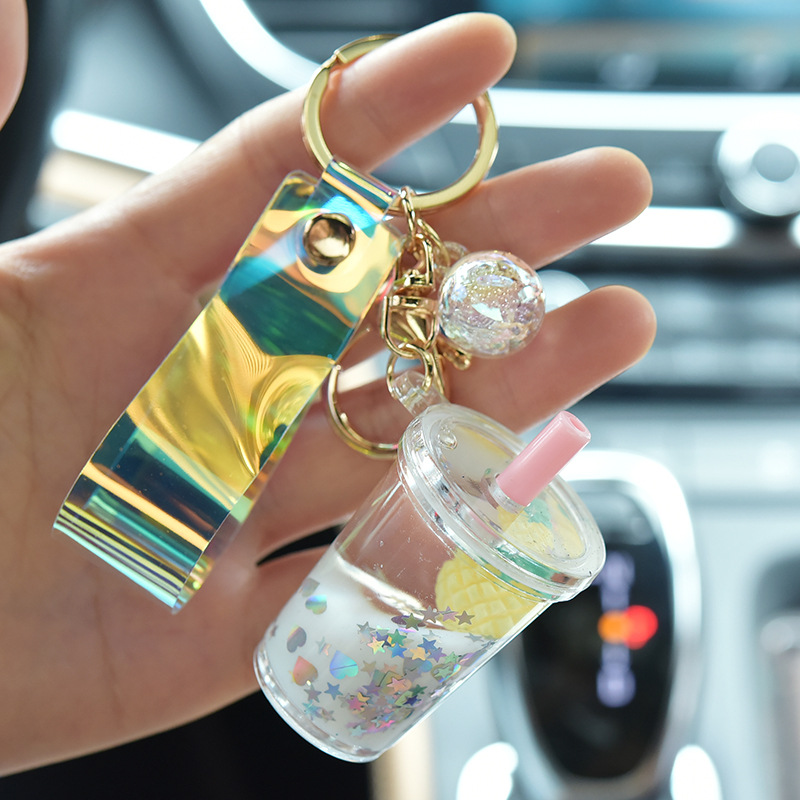 Creative Quicksand Sequin Fruit Strawberry Keychains Cartoon Moving Liquid Milk Tea Cup Keyring Bag Pendant Car Key Chain Gifts
