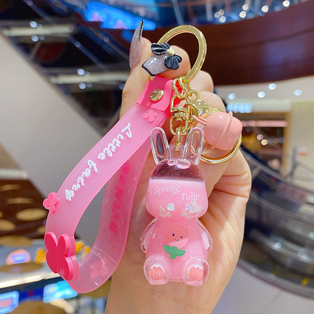 Liquid Keyring Glitter Bunny Quicksand Tulip Flower Keychain Acrylic Sunflower Rabbit Keyfob Bag Pendant Couples Key Chain Gift