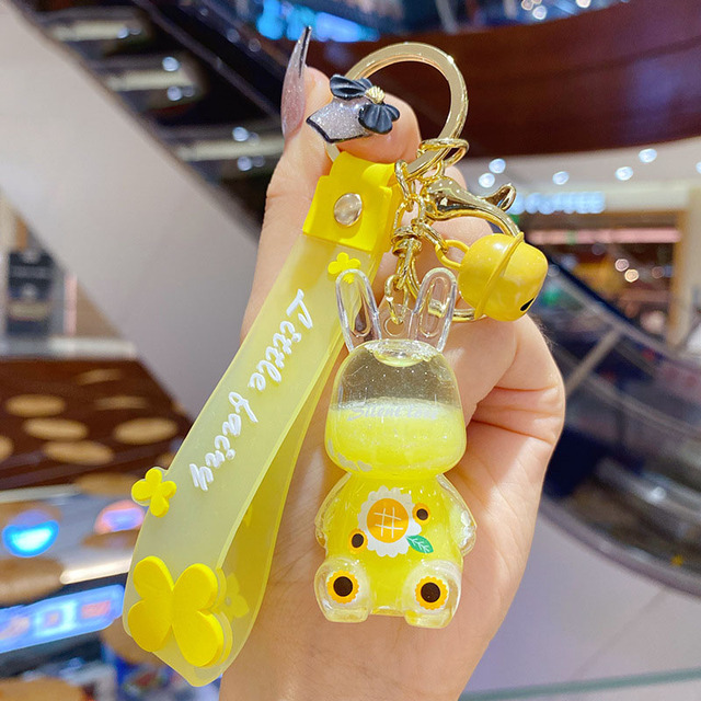 Liquid Keyring Glitter Bunny Quicksand Tulip Flower Keychain Acrylic Sunflower Rabbit Keyfob Bag Pendant Couples Key Chain Gift