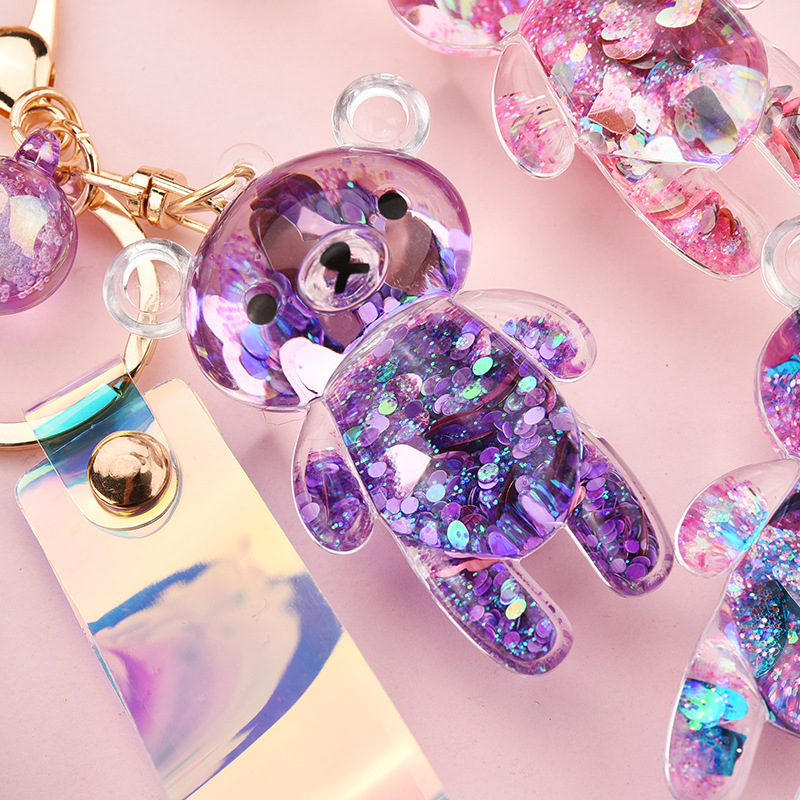 Cute Liquid Glitter Bear Quicksand Sequins Keychain Cartoon Animal Liquid Keyring Bag Pendant Couples Keyfob Women Keychain Gift