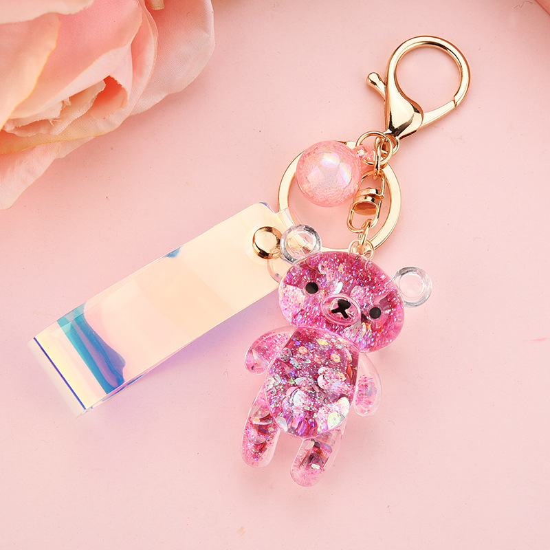 Cute Liquid Glitter Bear Quicksand Sequins Keychain Cartoon Animal Liquid Keyring Bag Pendant Couples Keyfob Women Keychain Gift
