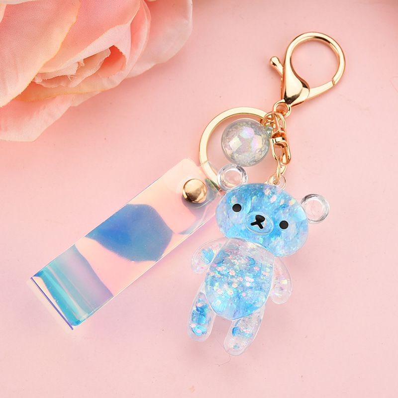 Cute Liquid Glitter Bear Quicksand Sequins Keychain Cartoon Animal Liquid Keyring Bag Pendant Couples Keyfob Women Keychain Gift