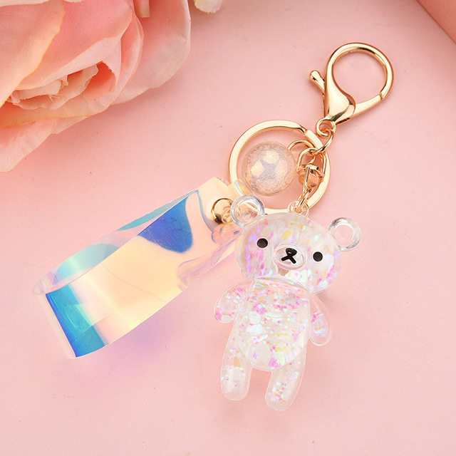 Cute Liquid Glitter Bear Quicksand Sequins Keychain Cartoon Animal Liquid Keyring Bag Pendant Couples Keyfob Women Keychain Gift