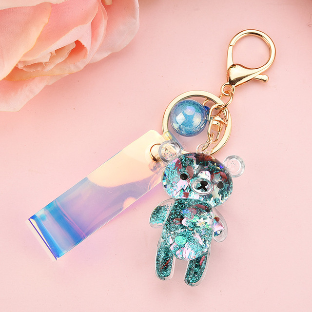 Cute Liquid Glitter Bear Quicksand Sequins Keychain Cartoon Animal Liquid Keyring Bag Pendant Couples Keyfob Women Keychain Gift