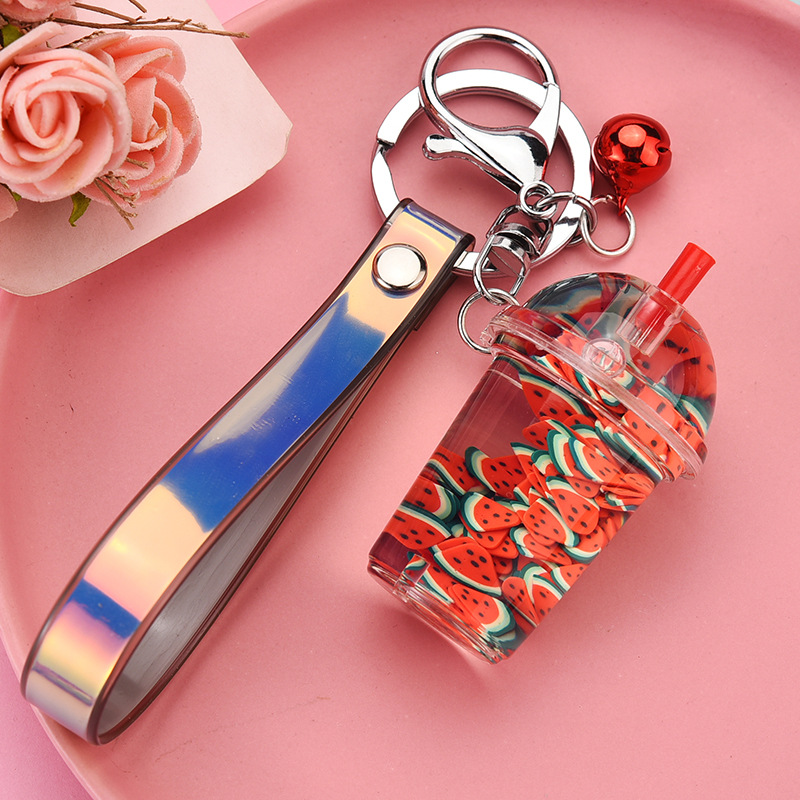 Creative Oil Simulation Fruit Pieces Floating Liquid Keychain Cute Leather Rope Milk Tea Cup Key Chain Pendant Girl Bag Trinkets