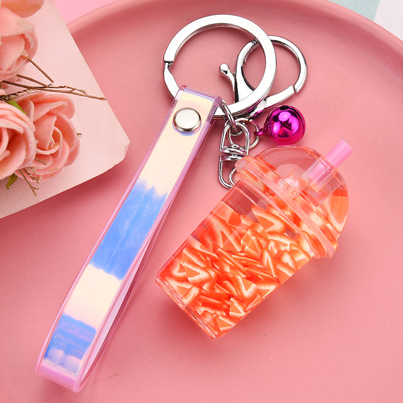 Creative Oil Simulation Fruit Pieces Floating Liquid Keychain Cute Leather Rope Milk Tea Cup Key Chain Pendant Girl Bag Trinkets