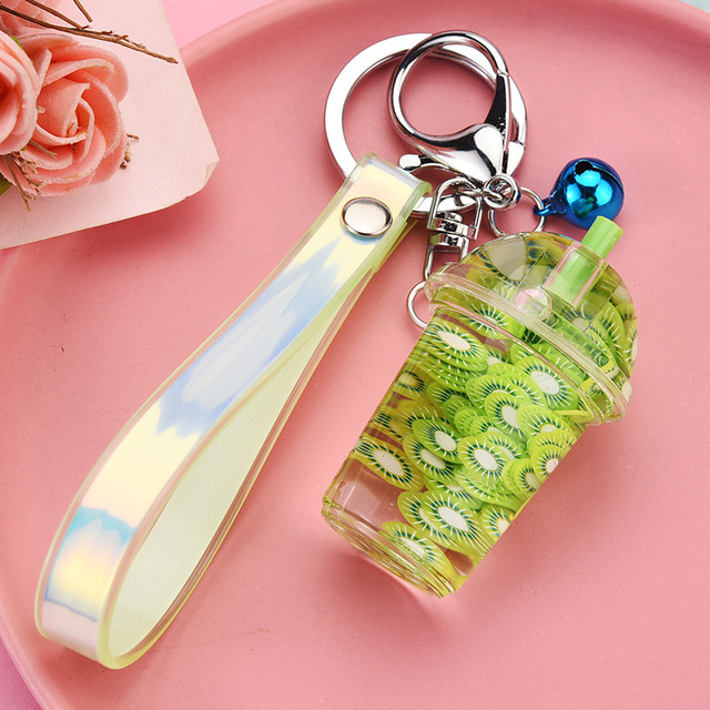 Creative Oil Simulation Fruit Pieces Floating Liquid Keychain Cute Leather Rope Milk Tea Cup Key Chain Pendant Girl Bag Trinkets