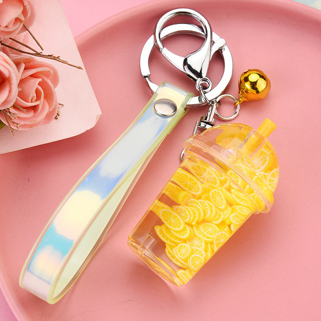 Creative Oil Simulation Fruit Pieces Floating Liquid Keychain Cute Leather Rope Milk Tea Cup Key Chain Pendant Girl Bag Trinkets