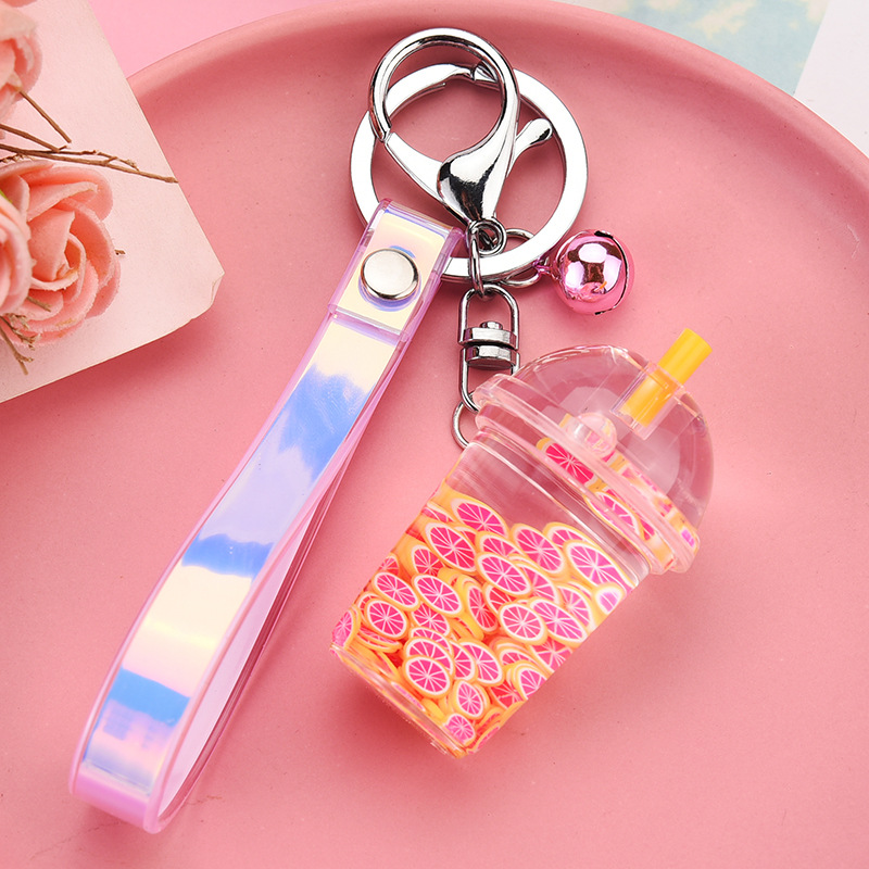 Creative Oil Simulation Fruit Pieces Floating Liquid Keychain Cute Leather Rope Milk Tea Cup Key Chain Pendant Girl Bag Trinkets