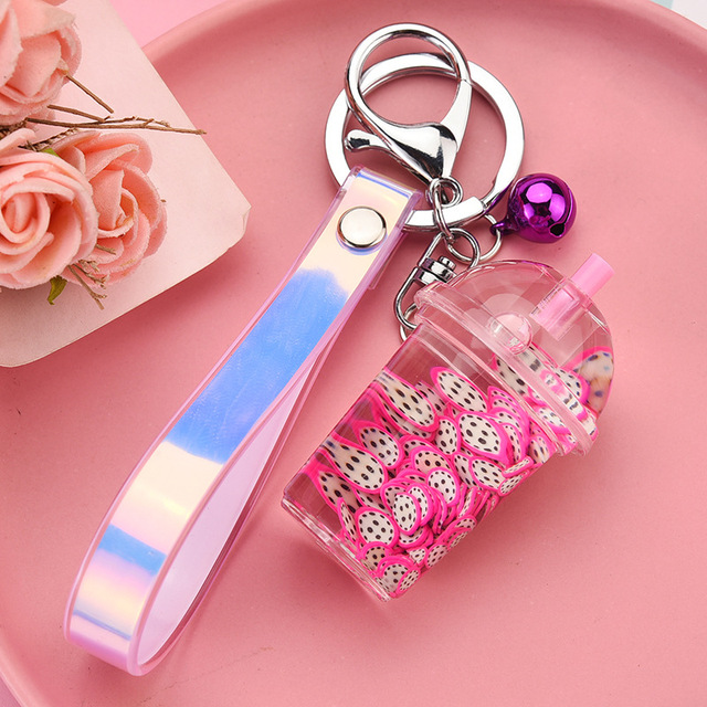 Creative Oil Simulation Fruit Pieces Floating Liquid Keychain Cute Leather Rope Milk Tea Cup Key Chain Pendant Girl Bag Trinkets