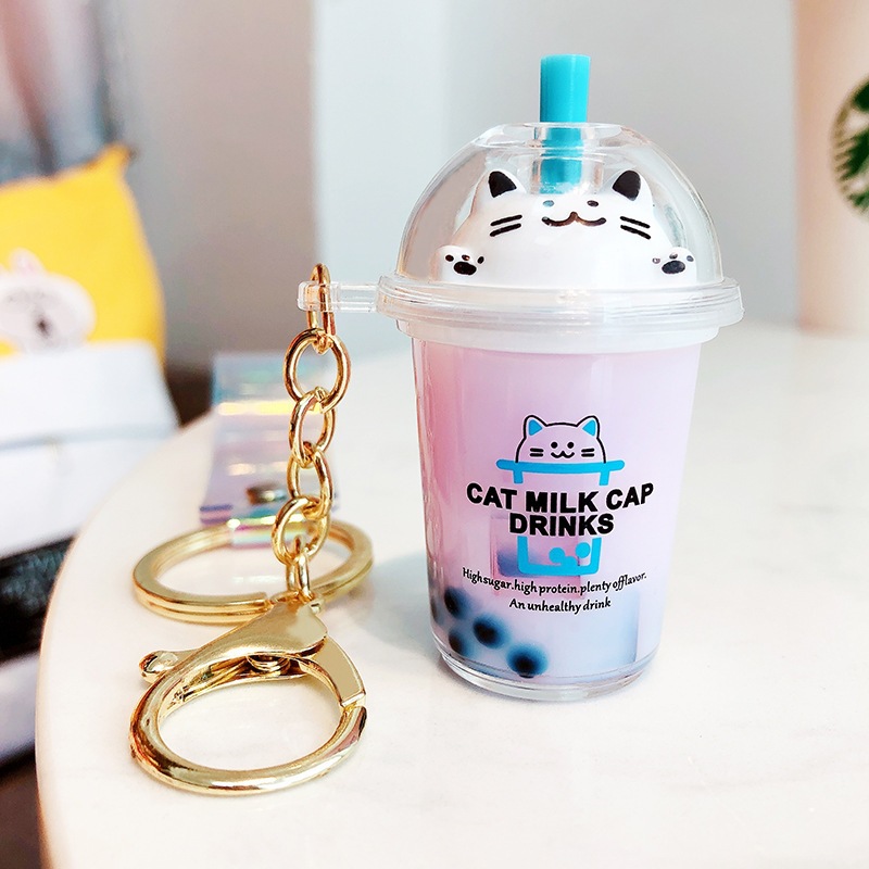 Cartoon Milk Tea Cup Liquid Keychain Keys Creative Quicksand Sequin Acrylic Cat Key Chain Girl Bag Pendant Charm Keyring Gifts