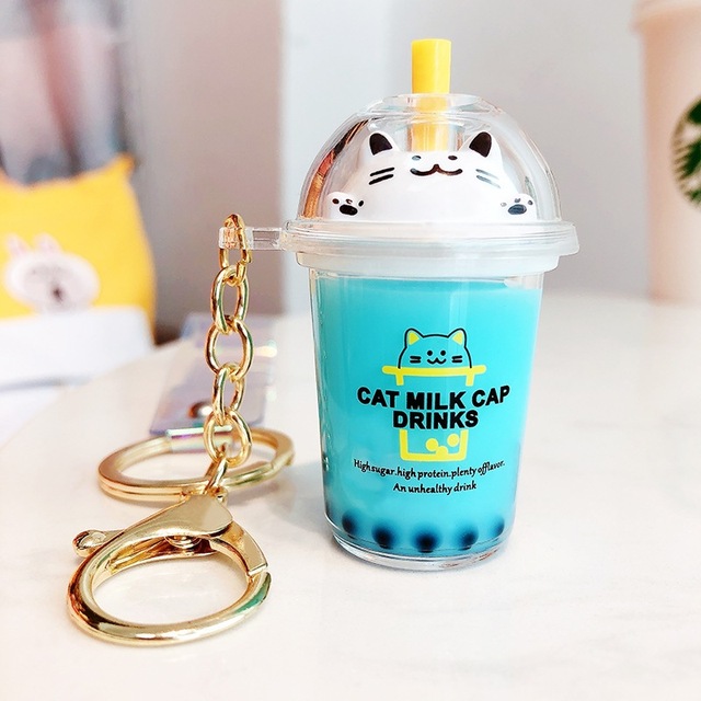 Cartoon Milk Tea Cup Liquid Keychain Keys Creative Quicksand Sequin Acrylic Cat Key Chain Girl Bag Pendant Charm Keyring Gifts