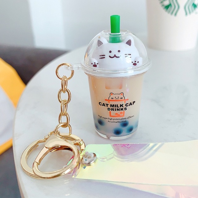 Cartoon Milk Tea Cup Liquid Keychain Keys Creative Quicksand Sequin Acrylic Cat Key Chain Girl Bag Pendant Charm Keyring Gifts