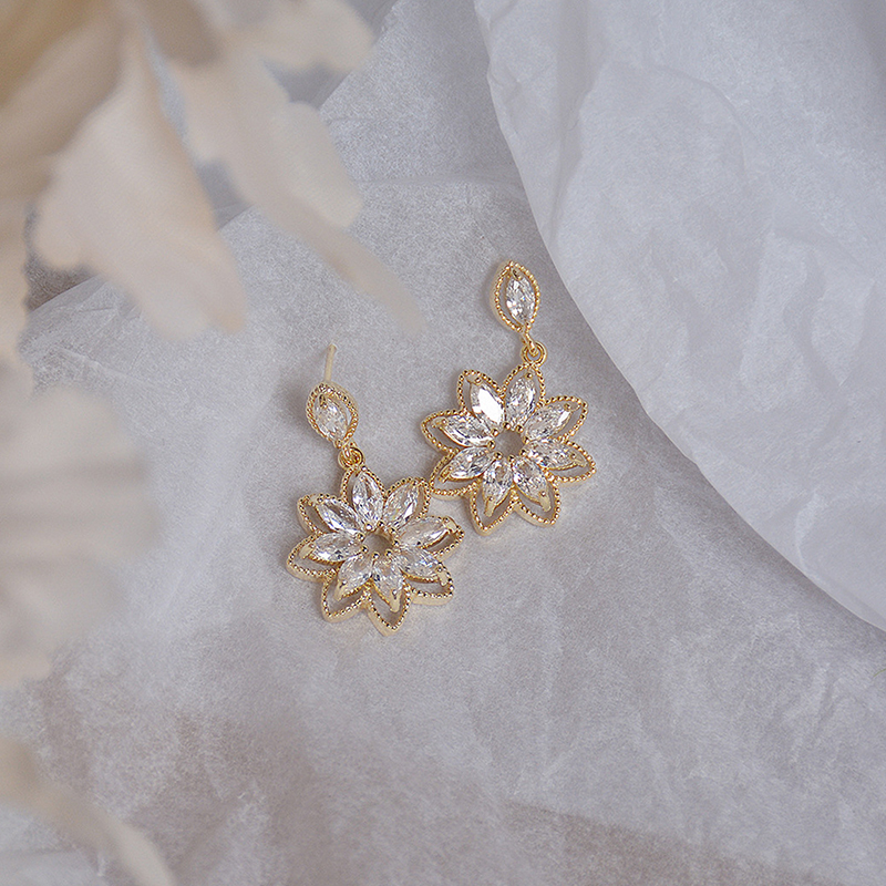 Exquisite AAA zircon sweet flower dangle 925 silver needs earrings 14K real gold women's prom party earrings Korean jewelry