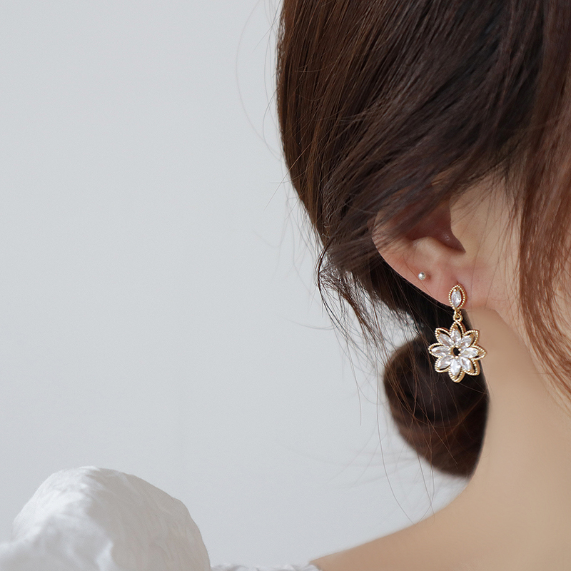 Exquisite AAA zircon sweet flower dangle 925 silver needs earrings 14K real gold women's prom party earrings Korean jewelry