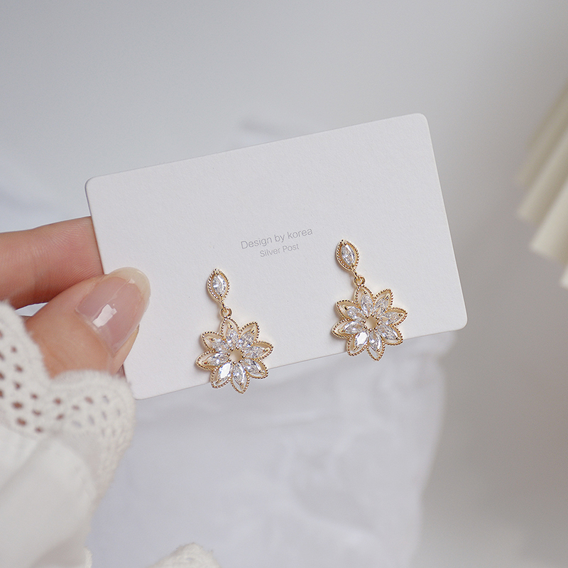 Exquisite AAA zircon sweet flower dangle 925 silver needs earrings 14K real gold women's prom party earrings Korean jewelry