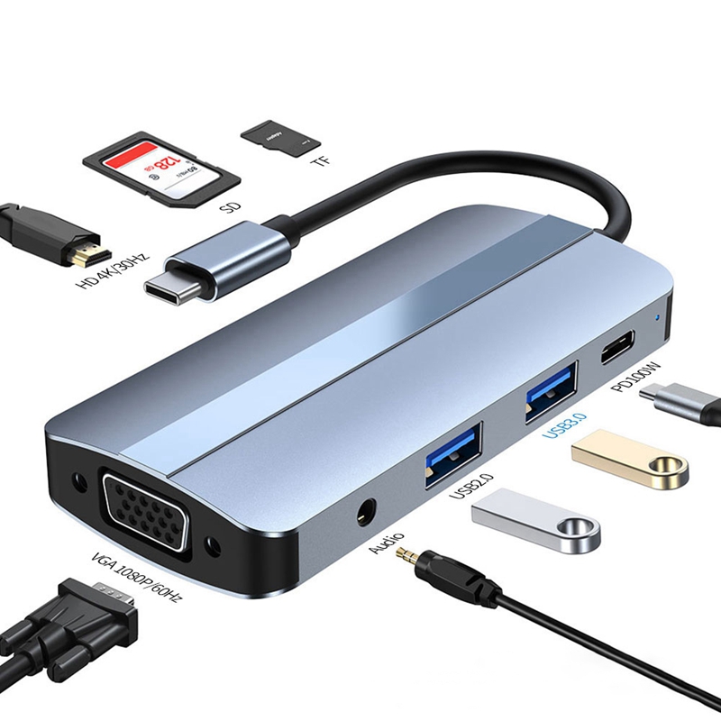 8 in 1 Type-C to HDMI+Vga+Pd+Sd+Tf+Auido+USB3.2+2.0 Expansion Dock for  Apple Notebook cable
