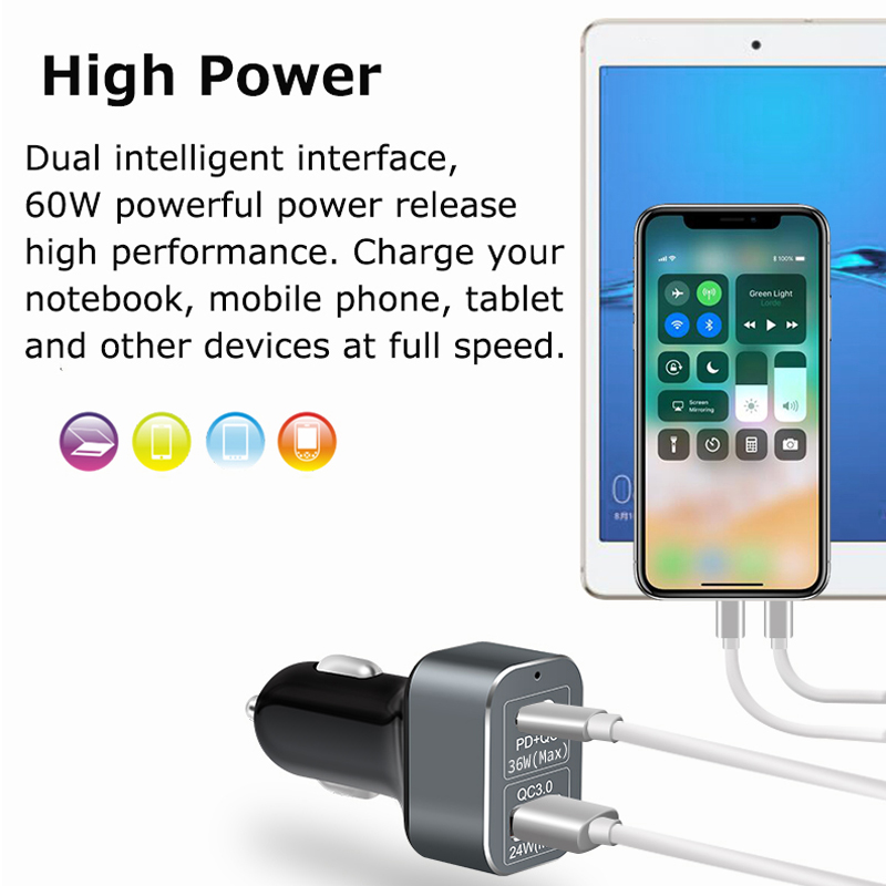 USB PD Car Charger Type C 36W+24W Power Delivery Quick Auto Charger QC3.0 for iPhone X Samsung S8 Xiaomi MI A1 Huawei MATE10