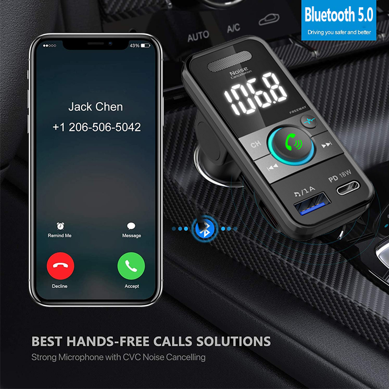 Type-C PD 18W Car MP3 Player Bluetooth5.0 FM Transmitter Handsfree Modulator U Disk Stereo Lossless Music USB Charger