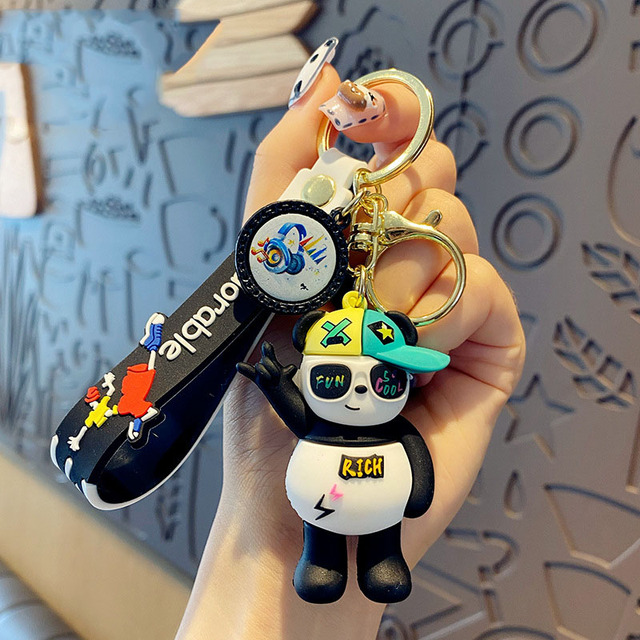 Cartoon Funny Cool Street Dance Panda Keychain Creative Trend  Rock Music DJ Panda Key Chain Girl Boy Bag Pendant Keyfob Gifts