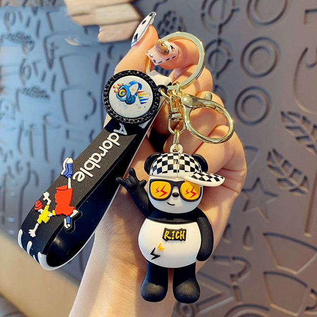 Cartoon Funny Cool Street Dance Panda Keychain Creative Trend  Rock Music DJ Panda Key Chain Girl Boy Bag Pendant Keyfob Gifts