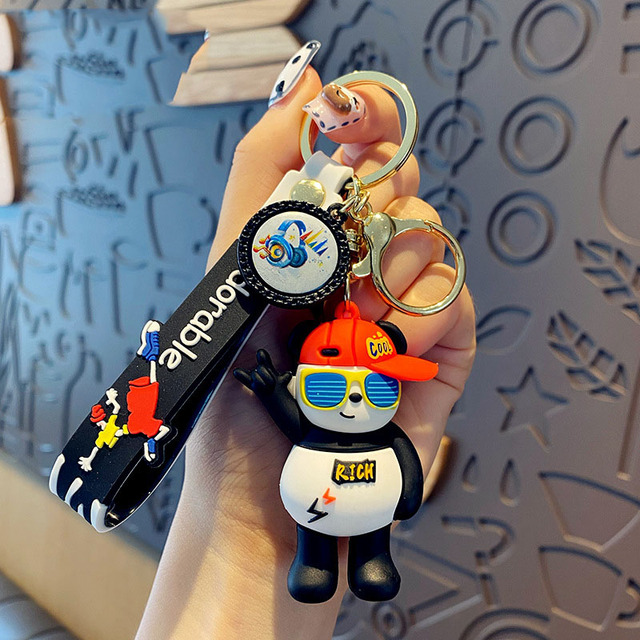 Cartoon Funny Cool Street Dance Panda Keychain Creative Trend  Rock Music DJ Panda Key Chain Girl Boy Bag Pendant Keyfob Gifts