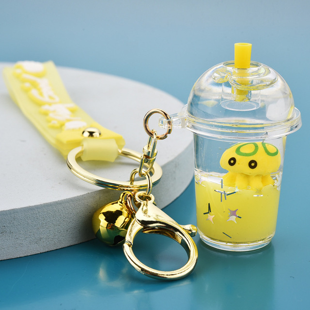 Cartoon New Acrylic Marine Animal Octopus Keychain Liquid Drifting Milk Tea Bottle Key Chain Women Couple Kids Bag Key Ring Gift