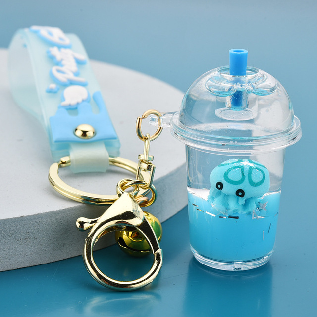 Cartoon New Acrylic Marine Animal Octopus Keychain Liquid Drifting Milk Tea Bottle Key Chain Women Couple Kids Bag Key Ring Gift