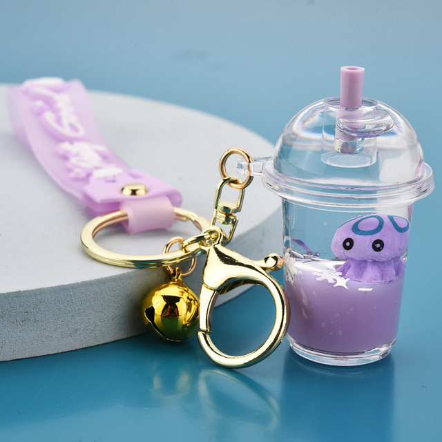 Cartoon New Acrylic Marine Animal Octopus Keychain Liquid Drifting Milk Tea Bottle Key Chain Women Couple Kids Bag Key Ring Gift