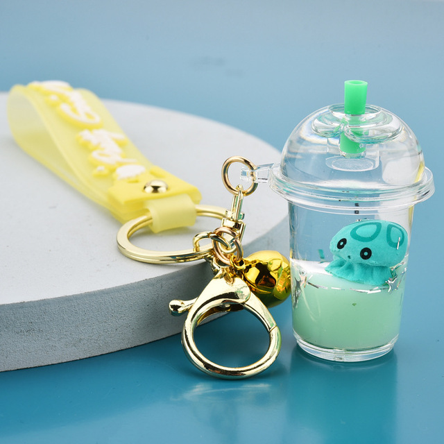 Cartoon New Acrylic Marine Animal Octopus Keychain Liquid Drifting Milk Tea Bottle Key Chain Women Couple Kids Bag Key Ring Gift