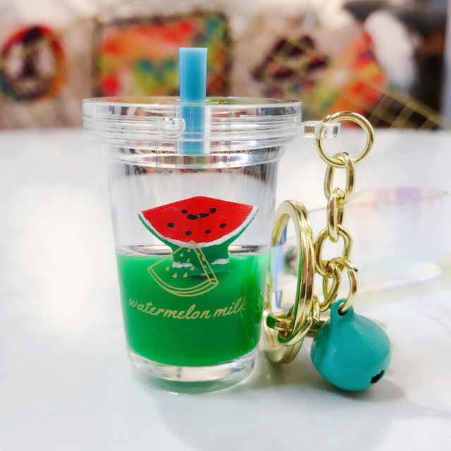 Cartoon  Fruit Keychain Women Bag Pendant Acrylic Moving Liquid Quicksand Drift Bottle Keyring Couple Gift Charm Key Chains