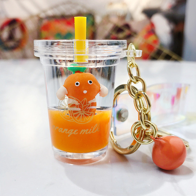 Cartoon  Fruit Keychain Women Bag Pendant Acrylic Moving Liquid Quicksand Drift Bottle Keyring Couple Gift Charm Key Chains