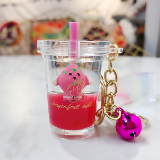 Cartoon  Fruit Keychain Women Bag Pendant Acrylic Moving Liquid Quicksand Drift Bottle Keyring Couple Gift Charm Key Chains