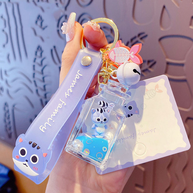 Creative Family Cat Quicksand Liquid Key Chain Cute Wishing Bottle Floating Sequins Animal Keyring Girl Bag Pendant Keyfob