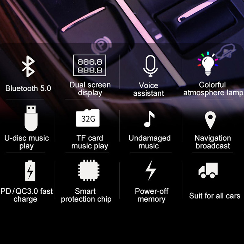 Bluetooth 5.0 Car Kit Handsfree Wireless FM Transmitter Car MP3 Player with PD18W QC3.0 Quick Charge Car Charger