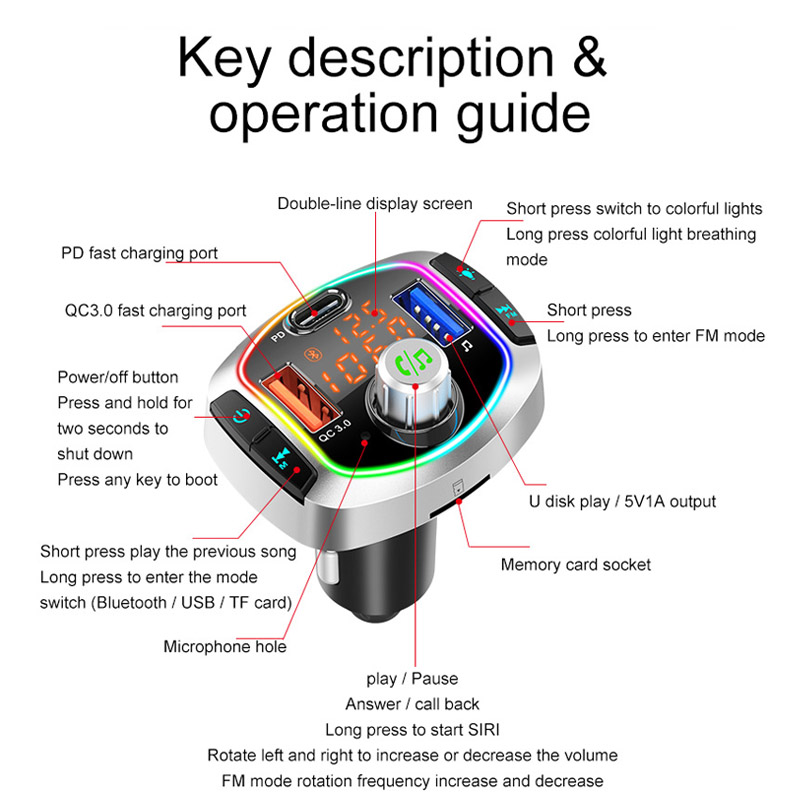 Bluetooth 5.0 Car Kit Handsfree Wireless FM Transmitter Car MP3 Player with PD18W QC3.0 Quick Charge Car Charger