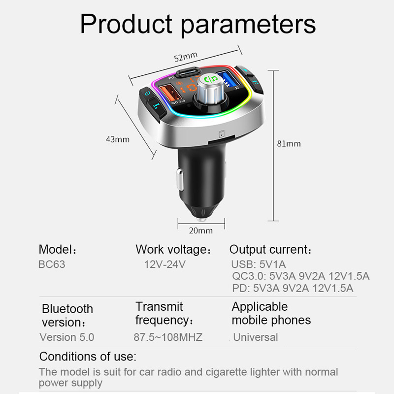 Bluetooth 5.0 Car Kit Handsfree Wireless FM Transmitter Car MP3 Player with PD18W QC3.0 Quick Charge Car Charger