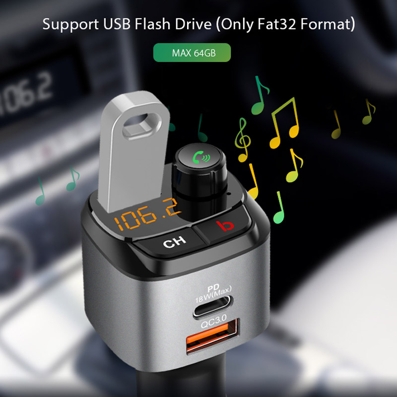 Bluetooth 5.0 Car Kit Handsfree Car MP3 Player FM Transmitter QC3.0 Quick Charge PD18W Fast Charging Car Charger