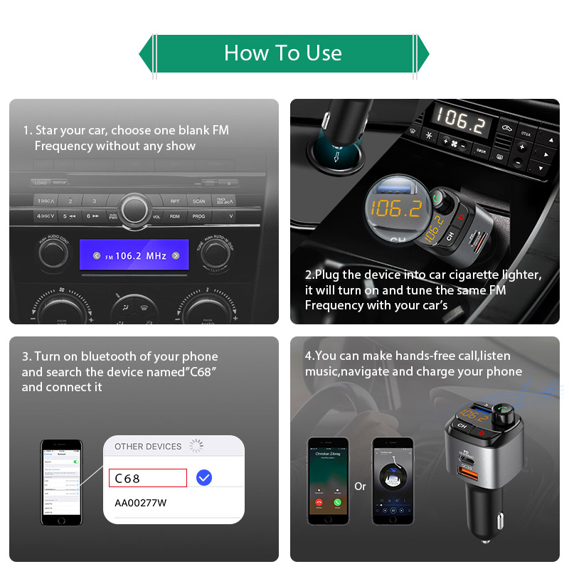 Bluetooth 5.0 Car Kit Handsfree Car MP3 Player FM Transmitter QC3.0 Quick Charge PD18W Fast Charging Car Charger