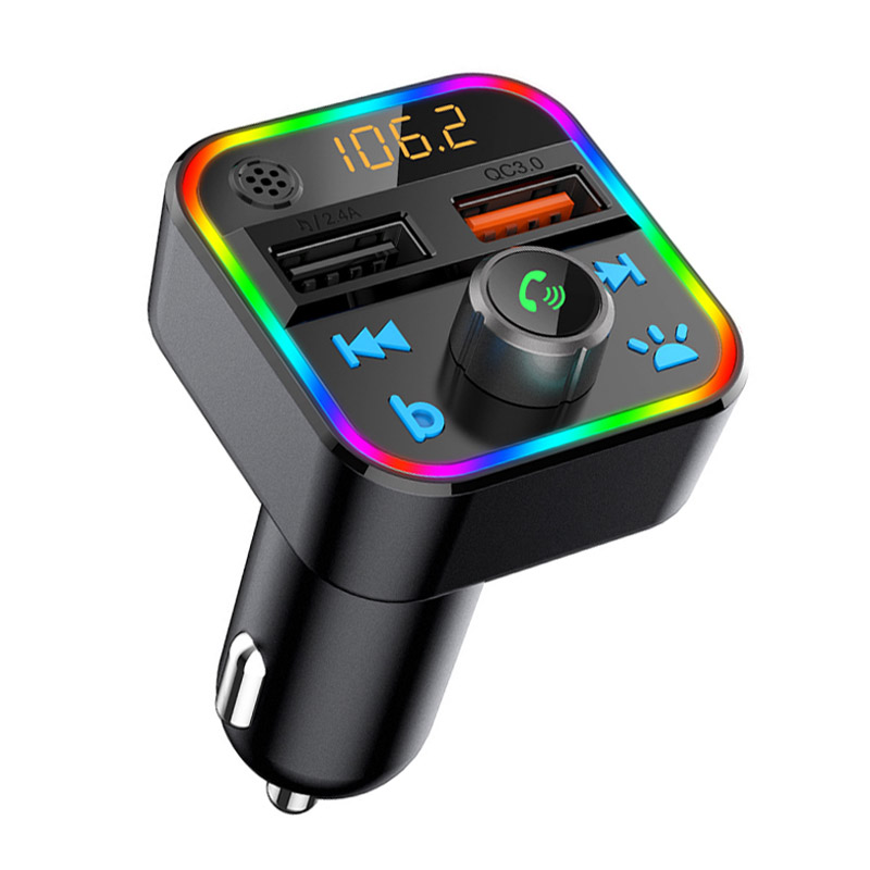 Bluetooth 5.0 Car Kit Handsfree FM Transmitter Stereo Audio Receiver QC3.0 Quick Charge Car Charger with One Key Bass