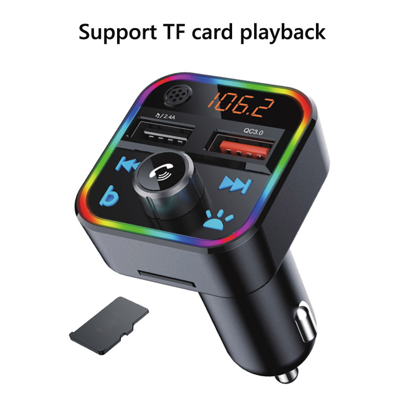 Bluetooth 5.0 Car Kit Handsfree FM Transmitter Stereo Audio Receiver QC3.0 Quick Charge Car Charger with One Key Bass