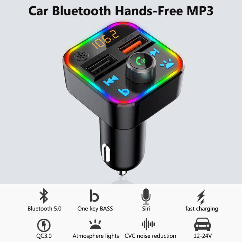 Bluetooth 5.0 Car Kit Handsfree FM Transmitter Stereo Audio Receiver QC3.0 Quick Charge Car Charger with One Key Bass
