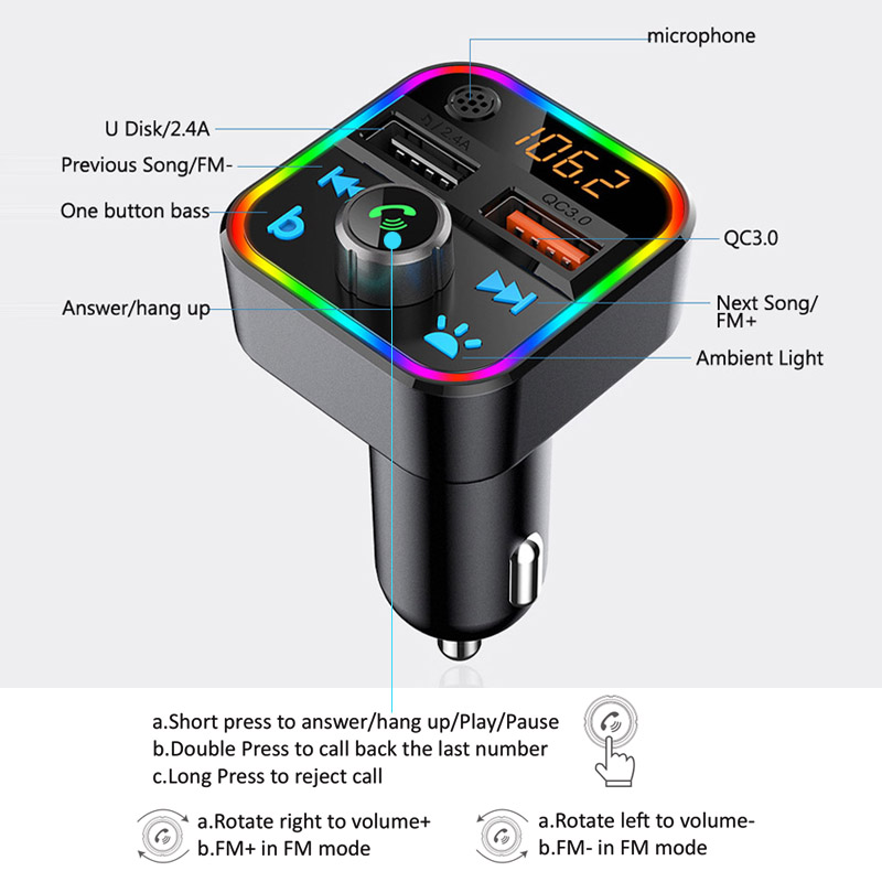 Bluetooth 5.0 Car Kit Handsfree FM Transmitter Stereo Audio Receiver QC3.0 Quick Charge Car Charger with One Key Bass