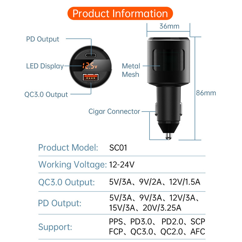 Car Charger Dual Port USB Car Phone Charger Adapter Fast Charging Quick Charge 3.0 Type -C PD 65W Voltage Detection