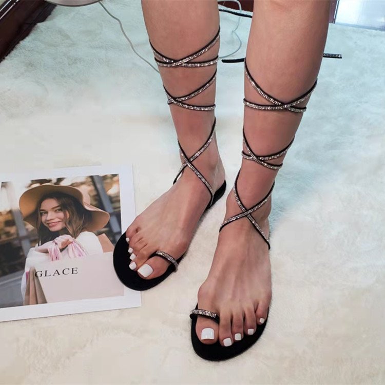 Large size sandals new Roman style cross rhinestone straps set toe beach sandals women