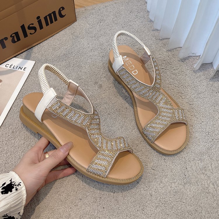 Sandals women's soft bottom beach shoes large size fat feet flat open toe roman shoes