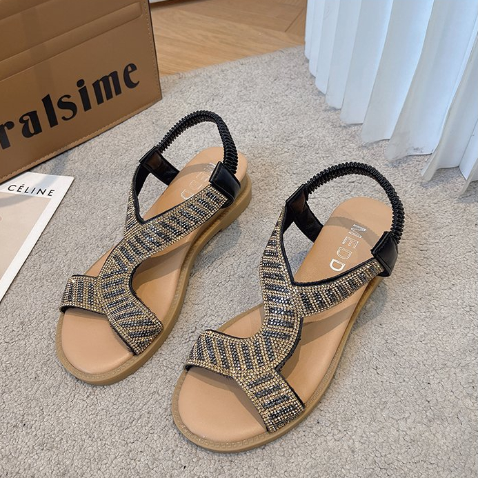 Sandals women's soft bottom beach shoes large size fat feet flat open toe roman shoes