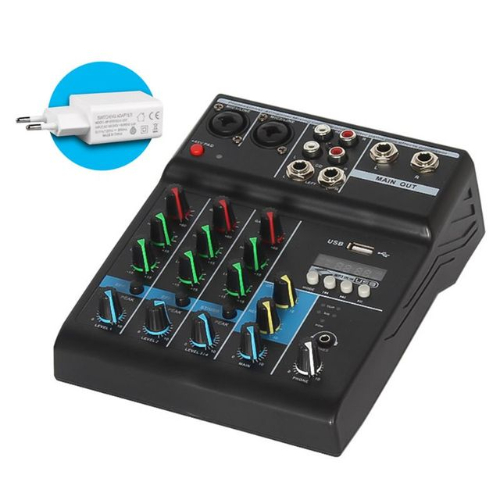 Professional Audio Mixer 4 Channels Bluetooth Sound Mixing Console for Karaoke KTV with USB Sound Card Sound Effects