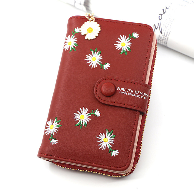 Women Long Wallets Embroidery Daisy Card Holder Large-Capacity PU Coin Purse Simple Zipper Money Bag Wallets