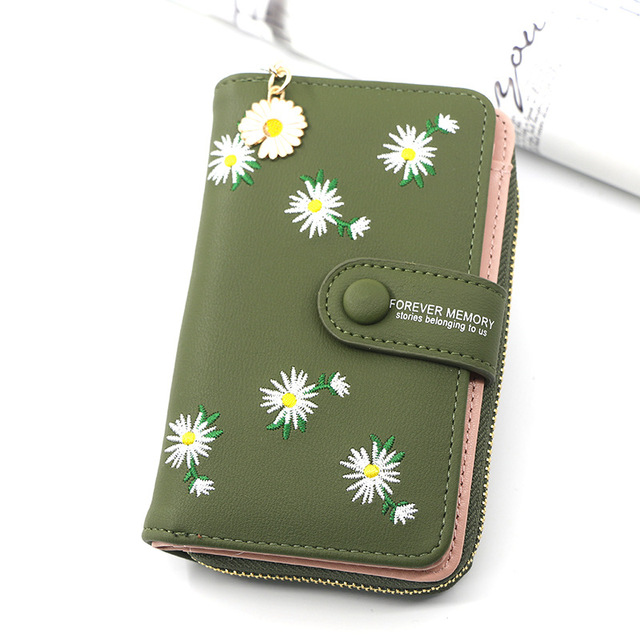 Women Long Wallets Embroidery Daisy Card Holder Large-Capacity PU Coin Purse Simple Zipper Money Bag Wallets